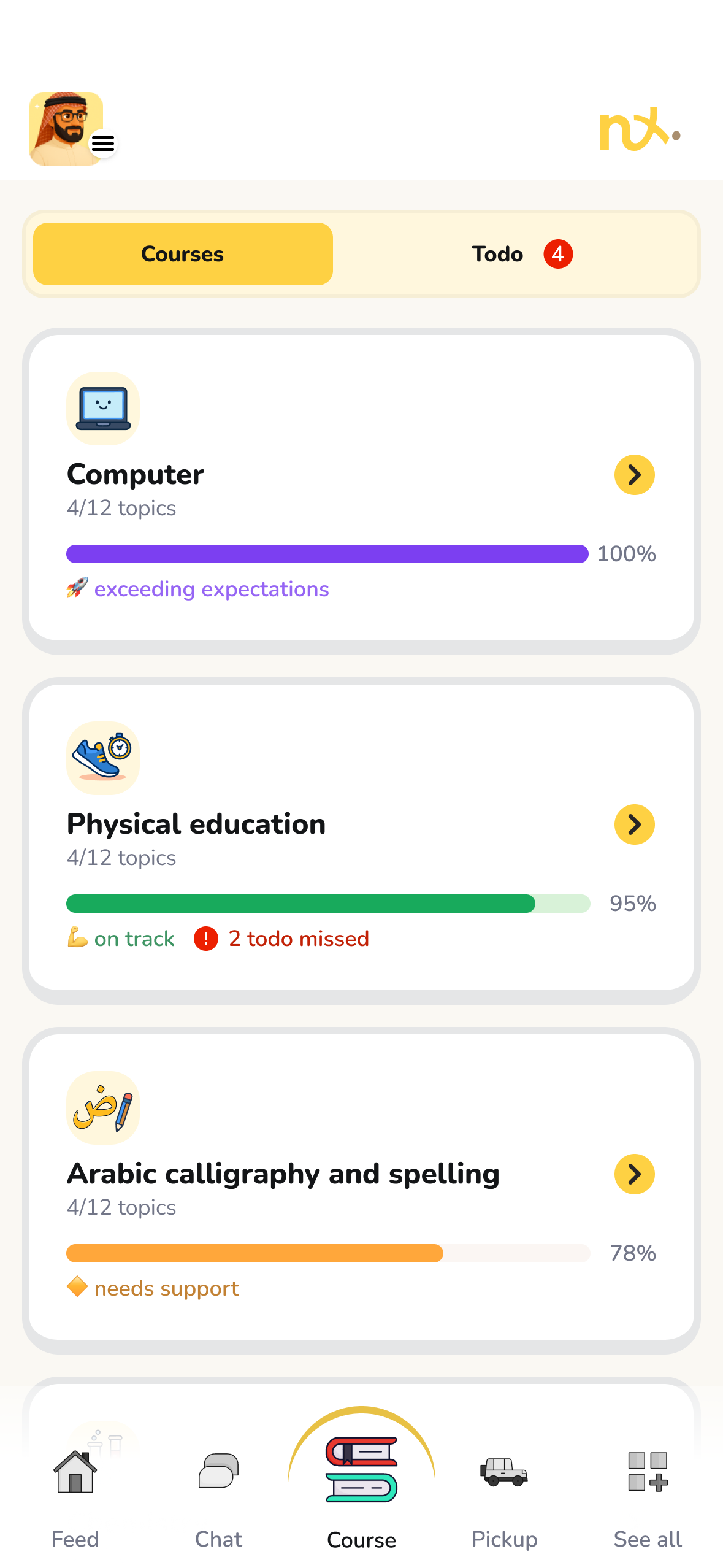 Course progress overview in the nx app
