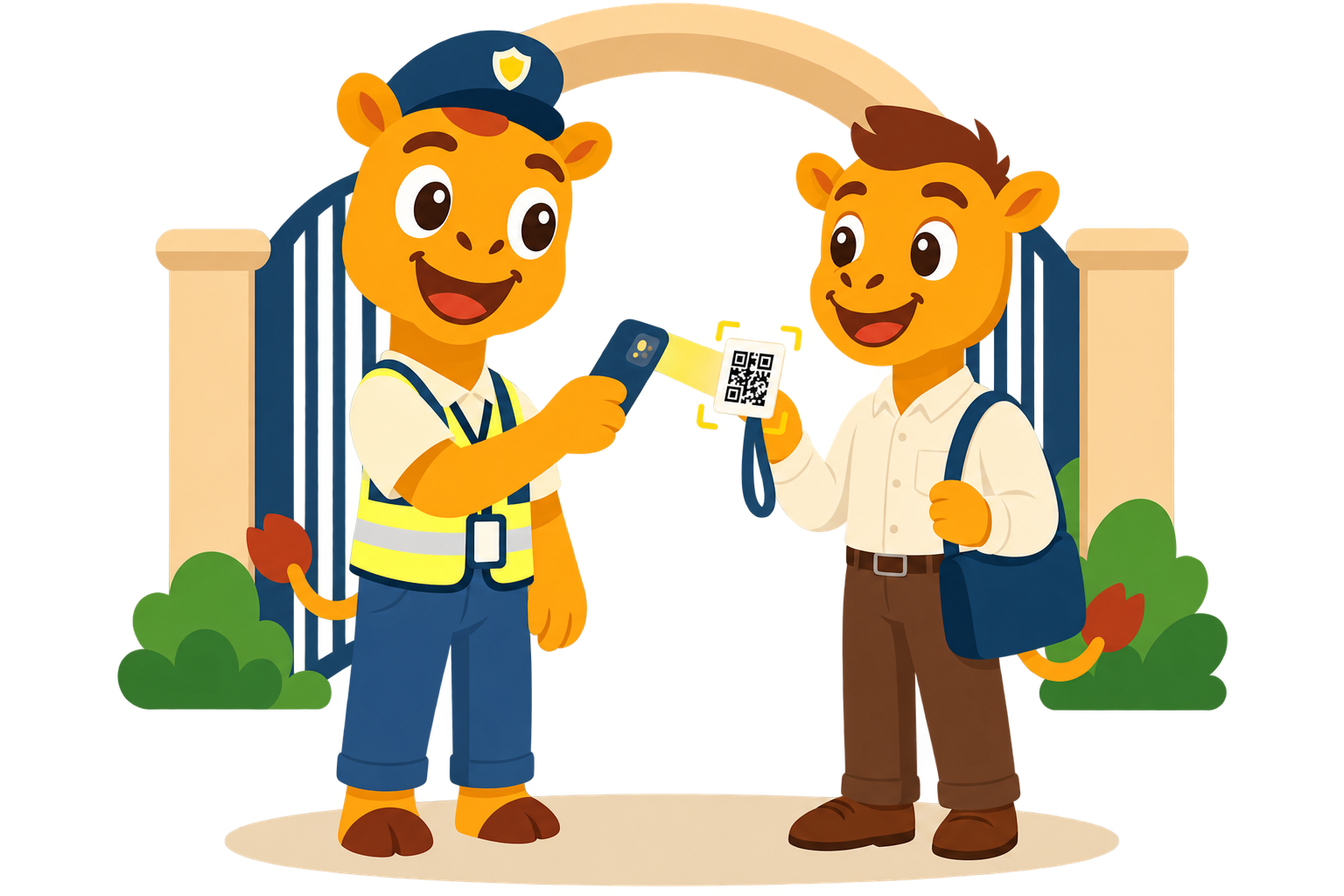 A school guard verifying a pickup QR code at the gate