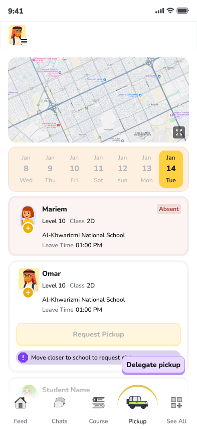 Pickup status — Requested, In Progress, Left School, Picked