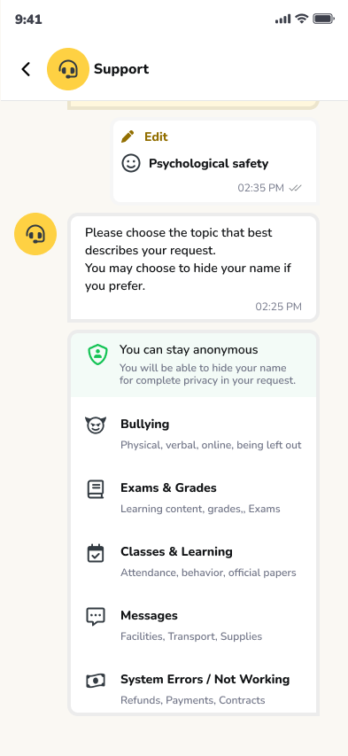 Private support request in English