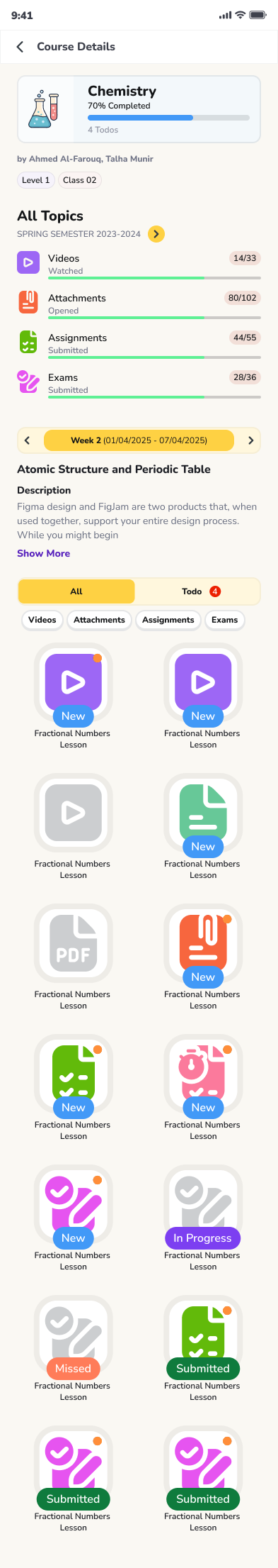 A student's course feed — today's lesson, its content, and the class recording