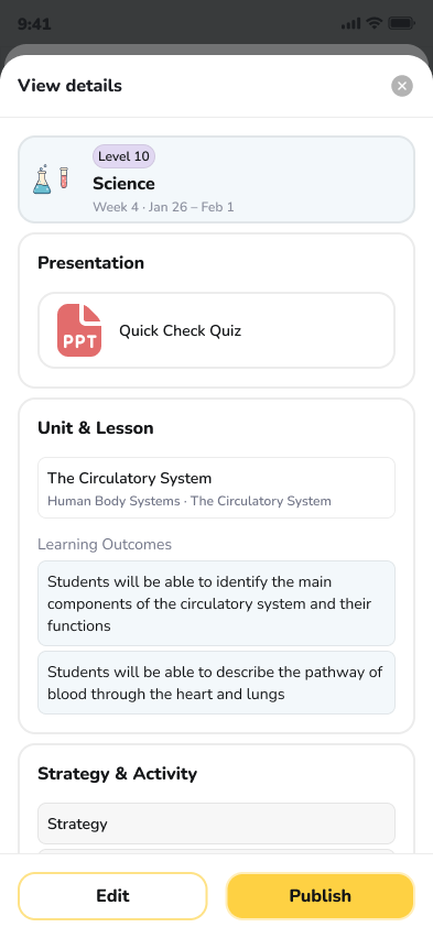 A teacher's central lesson plan, with the release toggle for their class
